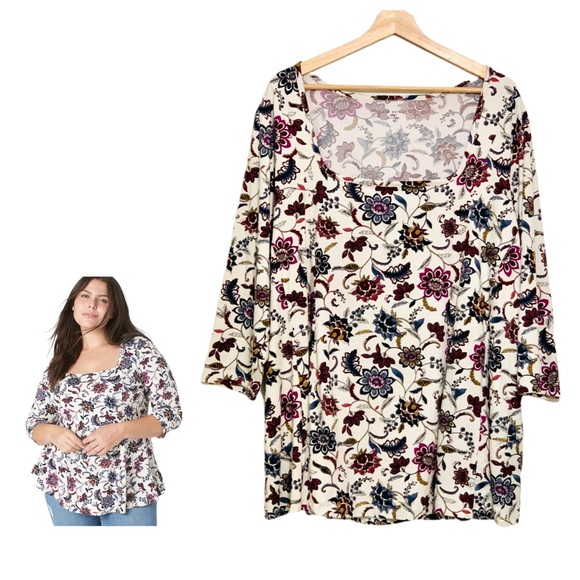 Lane Bryant Classic 3/4-Sleeve Square-Neck Fit & Flare Tee Paisley Print Size 26 - Picture 1 of 14